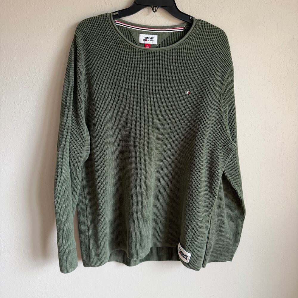 Tommy Jeans Green Pullover Crewneck Sweater Mens XL Patch Logo 100% Cotton